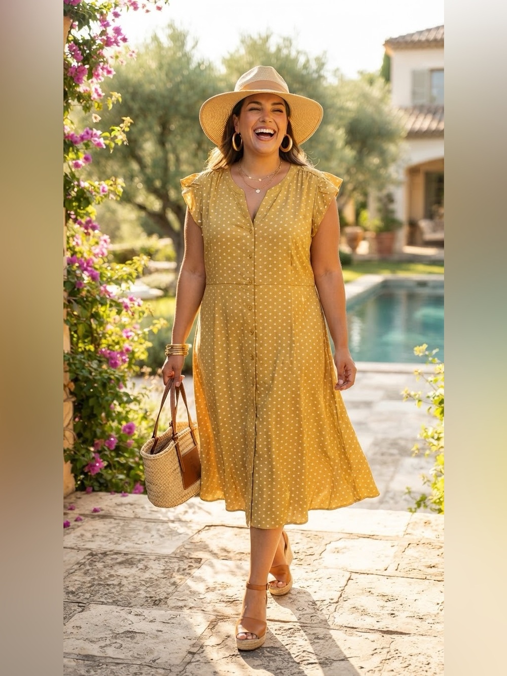 SIZE 1X Denim & Co.® NEW Women's Mustard Yellow Floral Button-Down Midi Dress